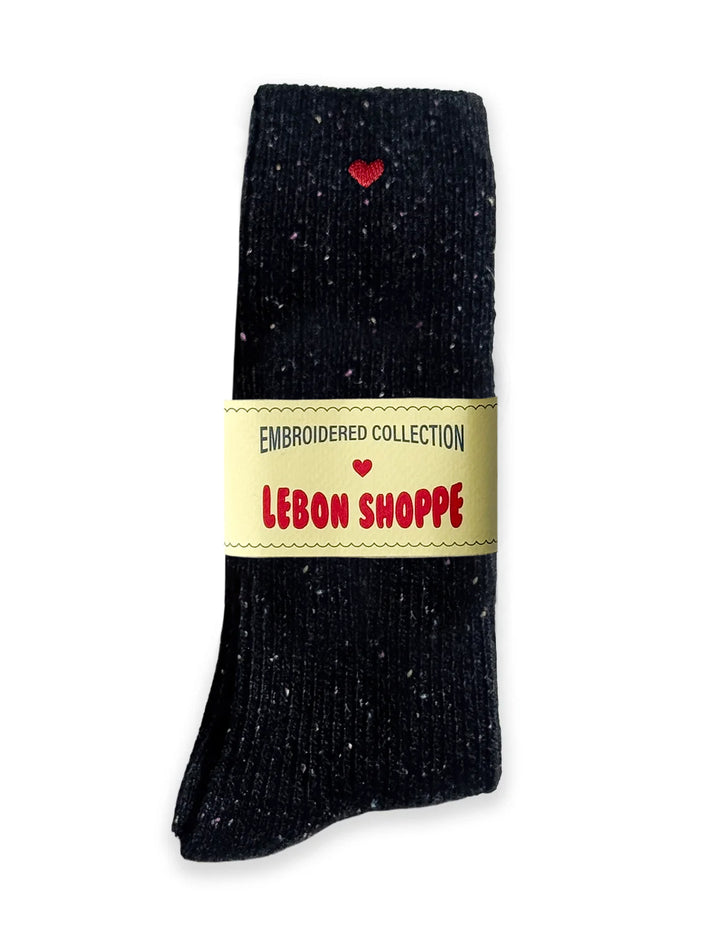 snow socks in black with embroidered heart