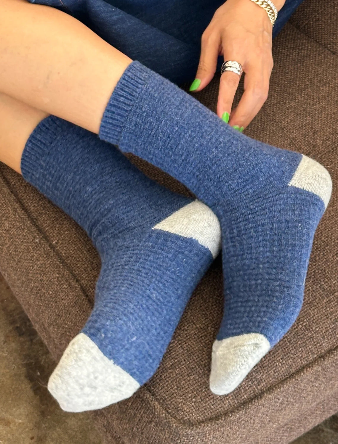 wool waffled socks in denim and stone