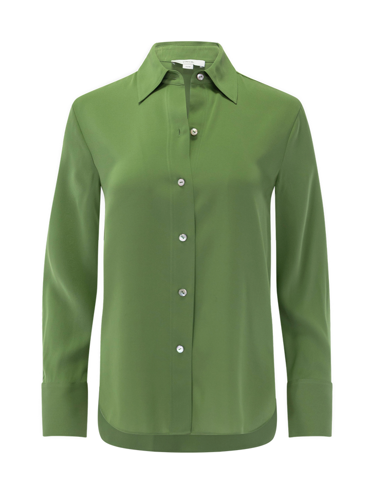 stretch-silk button-front blouse in clover