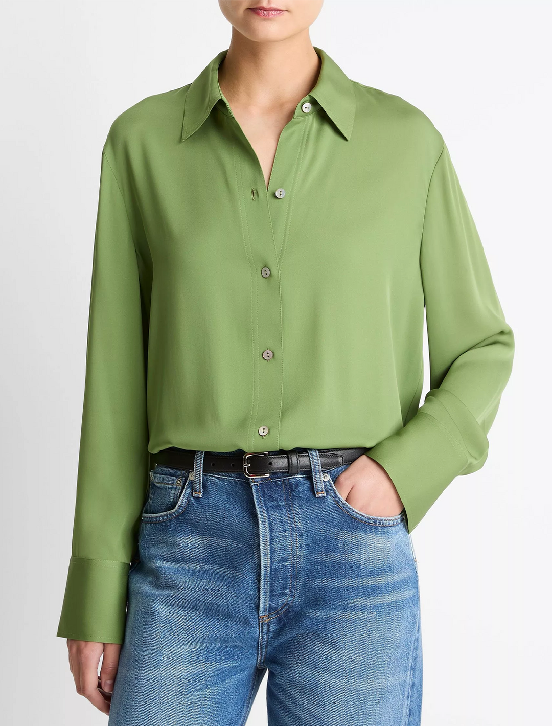 stretch-silk button-front blouse in clover