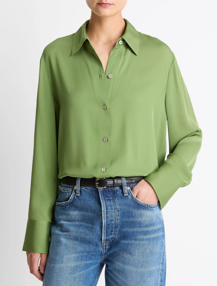 stretch-silk button-front blouse in clover