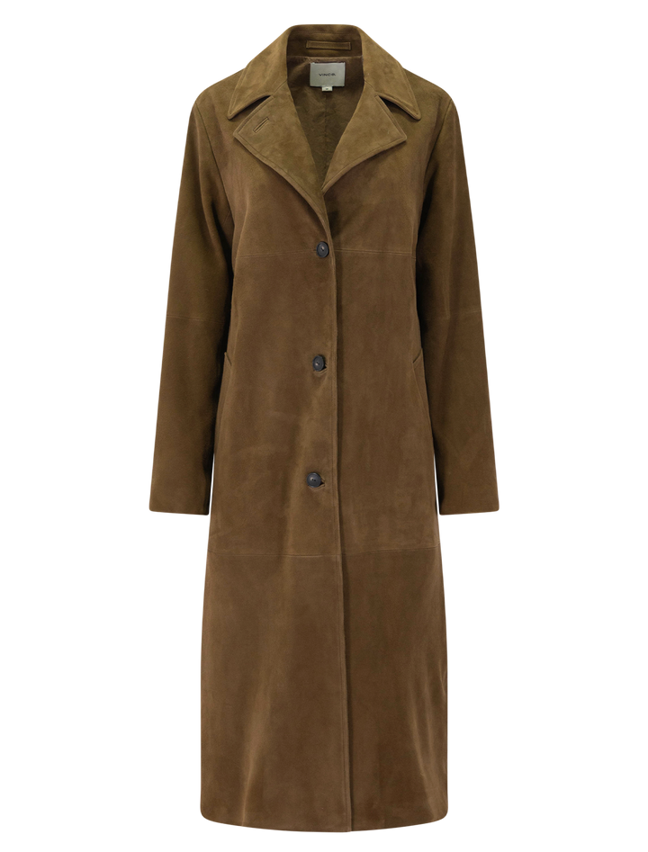 suede leather coat in wood moss