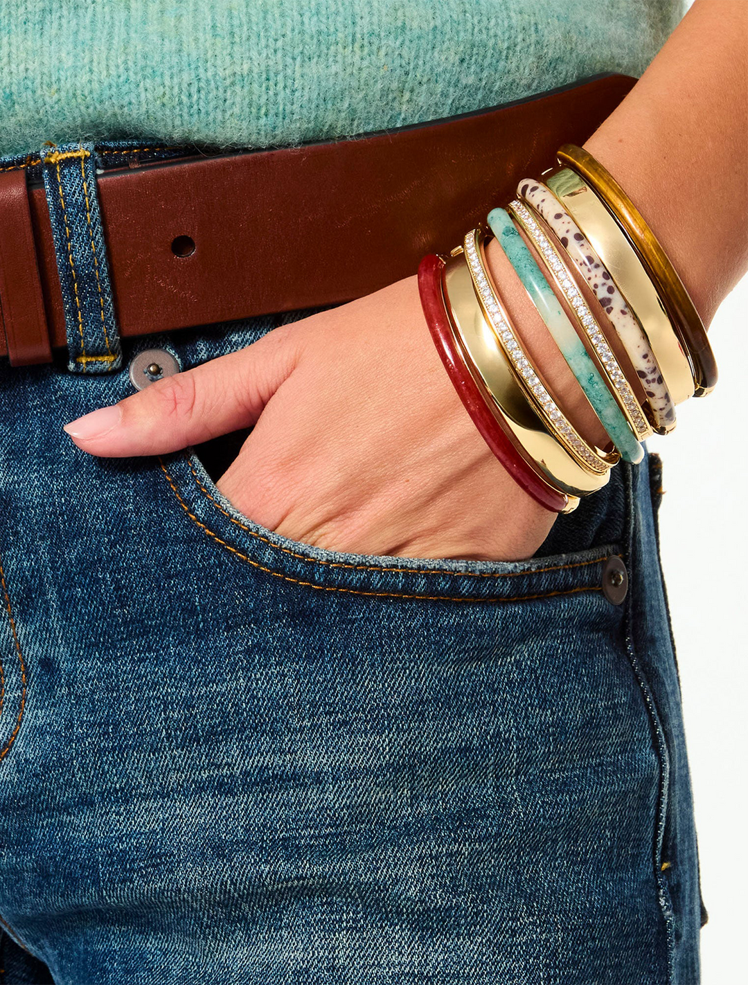 the pave stone hinged bracelet duo in moss agate