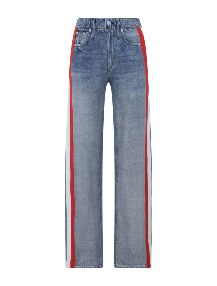 front view of miramar terry track pant in red and white stripe