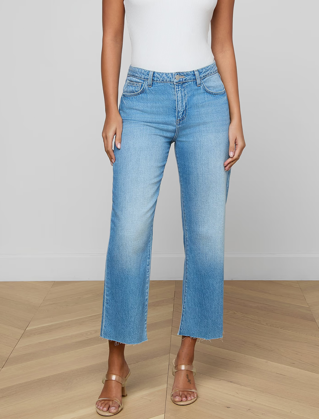 Model wearing L'Agence's wanda jeans in anaheim.