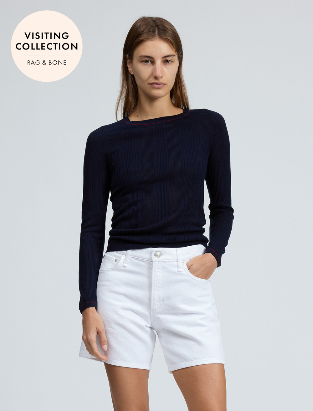 model wearing teresa rib long sleeve top in navy