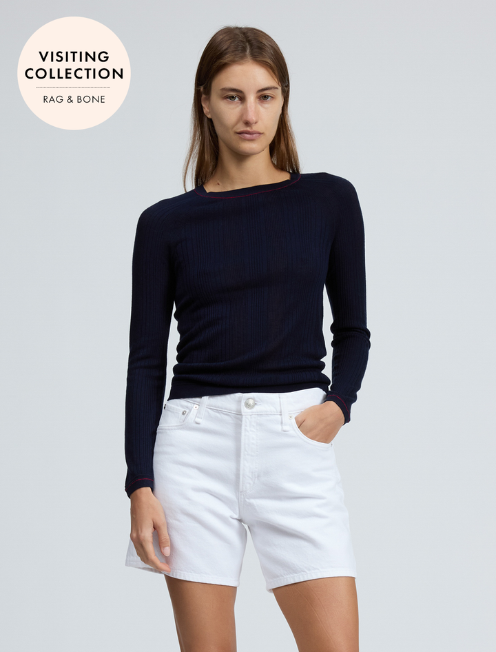 model wearing teresa rib long sleeve top in navy