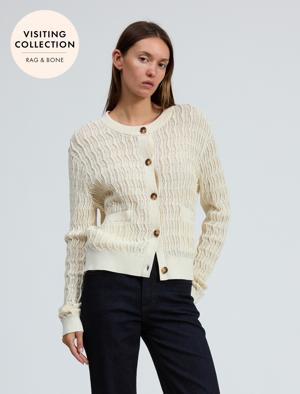 model wearing leslie cardigan in irvoy