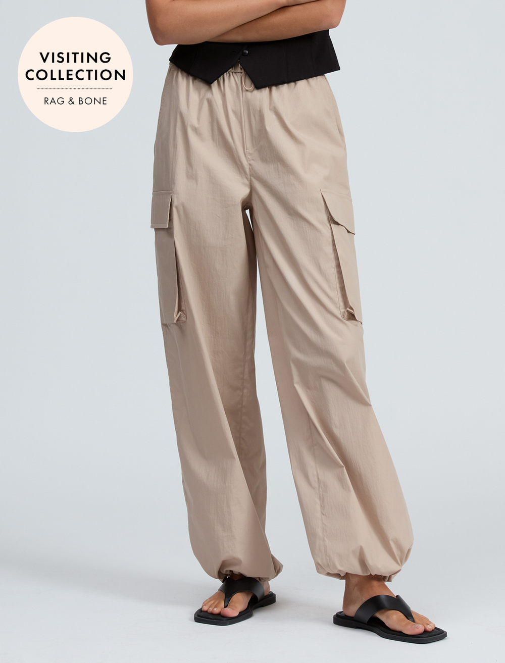 model wearing victoria pant in taupe