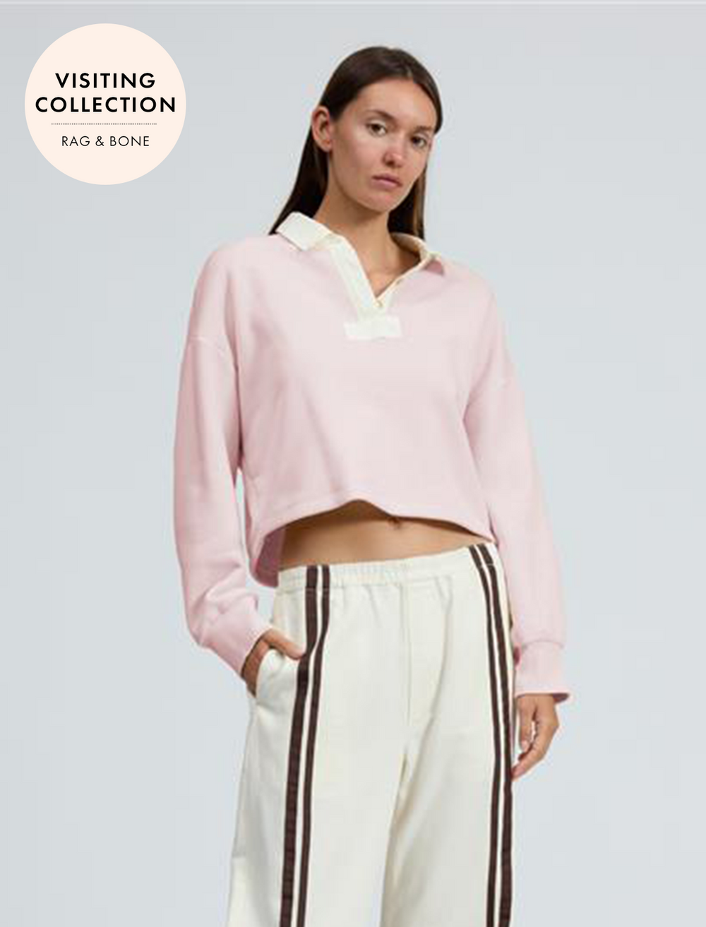 model wearing vintage terry oversized polo in peony