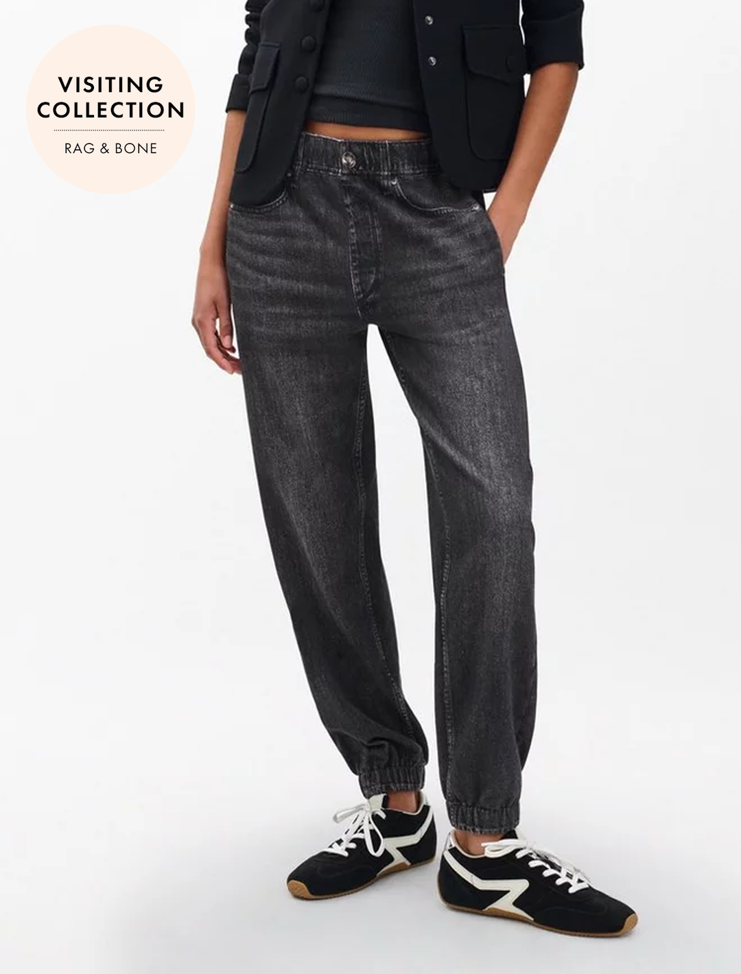 model wearing miramar terry jogger pant in faded black