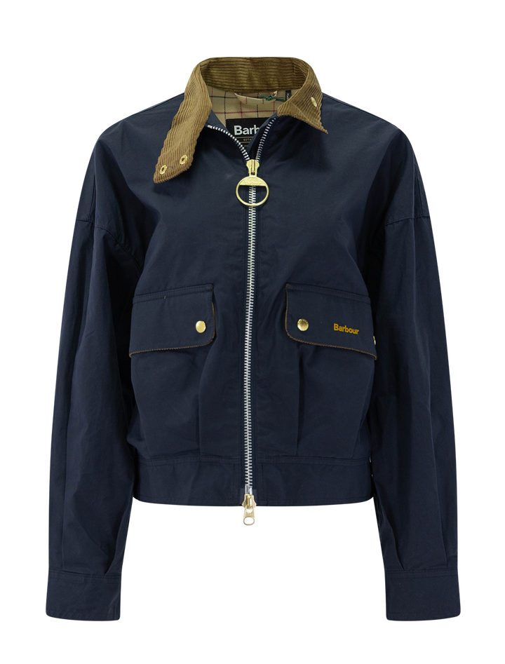 Barbour's blackthorn casual jacket in navy - front view.