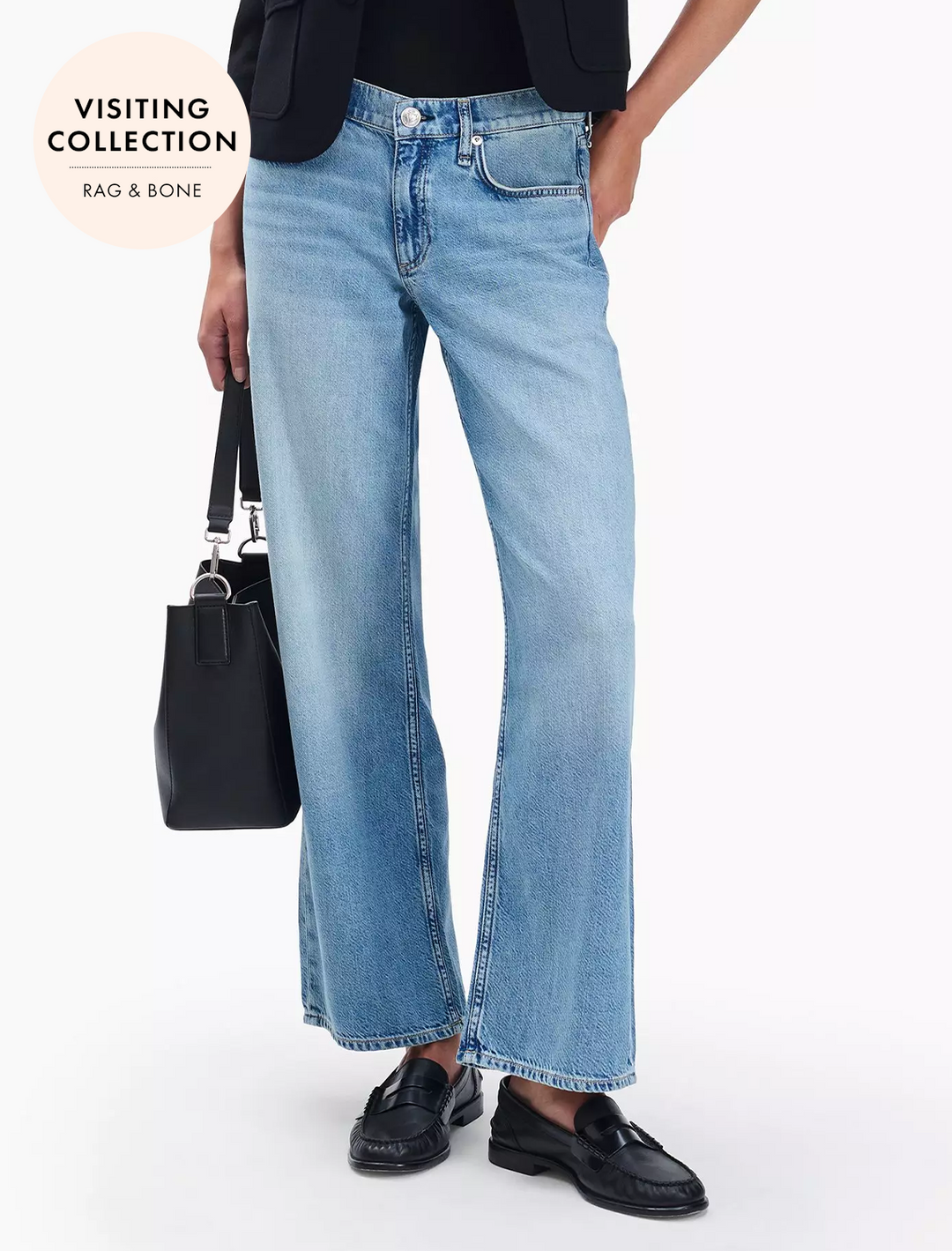 model wearing saige ankle relaxed straight jeans in ludlow