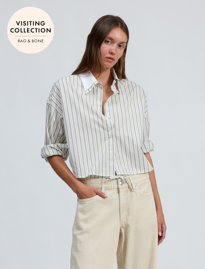 model wearing marin striped layered shirt in cream stripe
