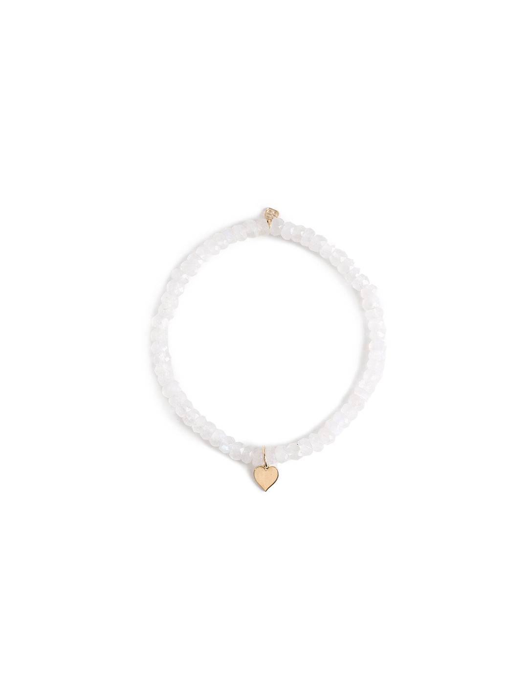 Overhead view of Sydney Evan's tiny pure heart charm on rainbow moonstone faceted rondelle.