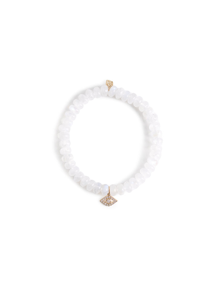 medium bezel protective eye charm on rainbow moonstone smooth rondelle