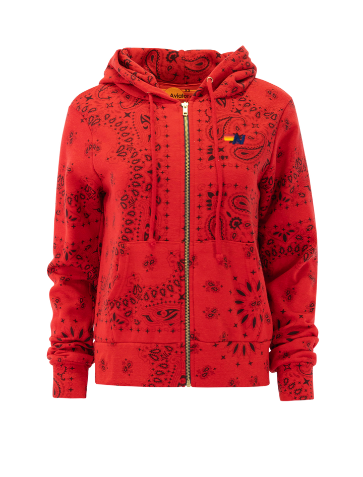 Front view of Aviator Nation's bandana zip hoodie in flash red.