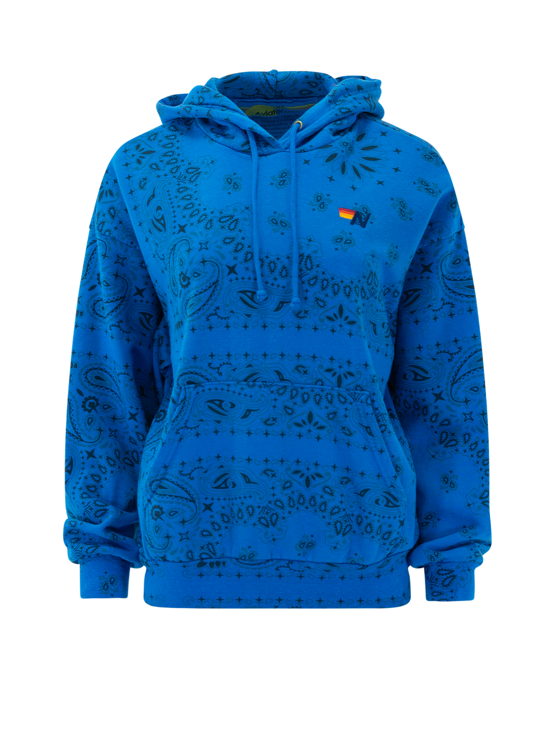 Front view of Aviator Nation's bandana relaxed pullover hoodie in adventure blue.