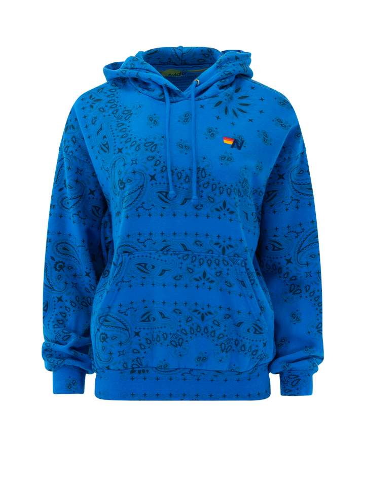 Front view of Aviator Nation's bandana relaxed pullover hoodie in adventure blue.