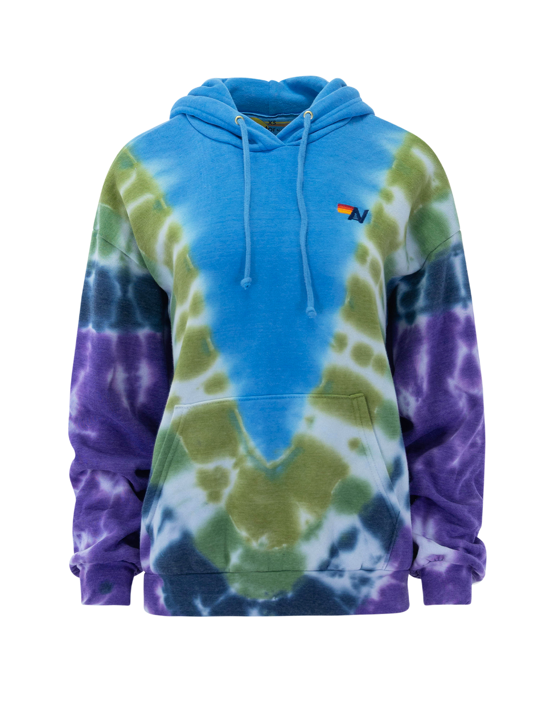 Front view of Aviator Nation's hand dyed v relaxed hoodie in tie dye ocean and purple.
