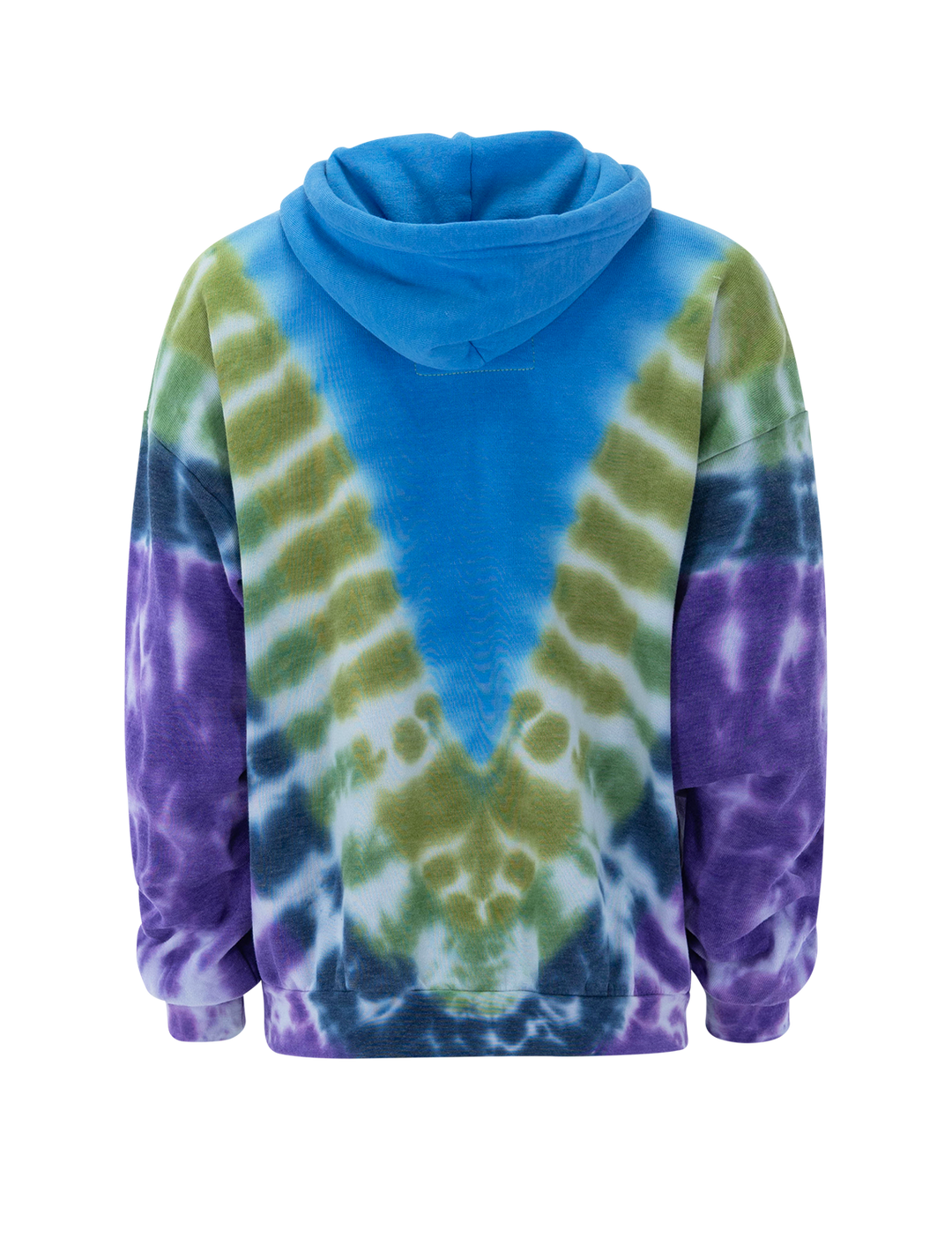 Back view of Aviator Nation's hand dyed v relaxed hoodie in tie dye ocean and purple.