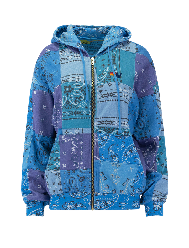 quilted bandana relaxed zip up hoodie in blue