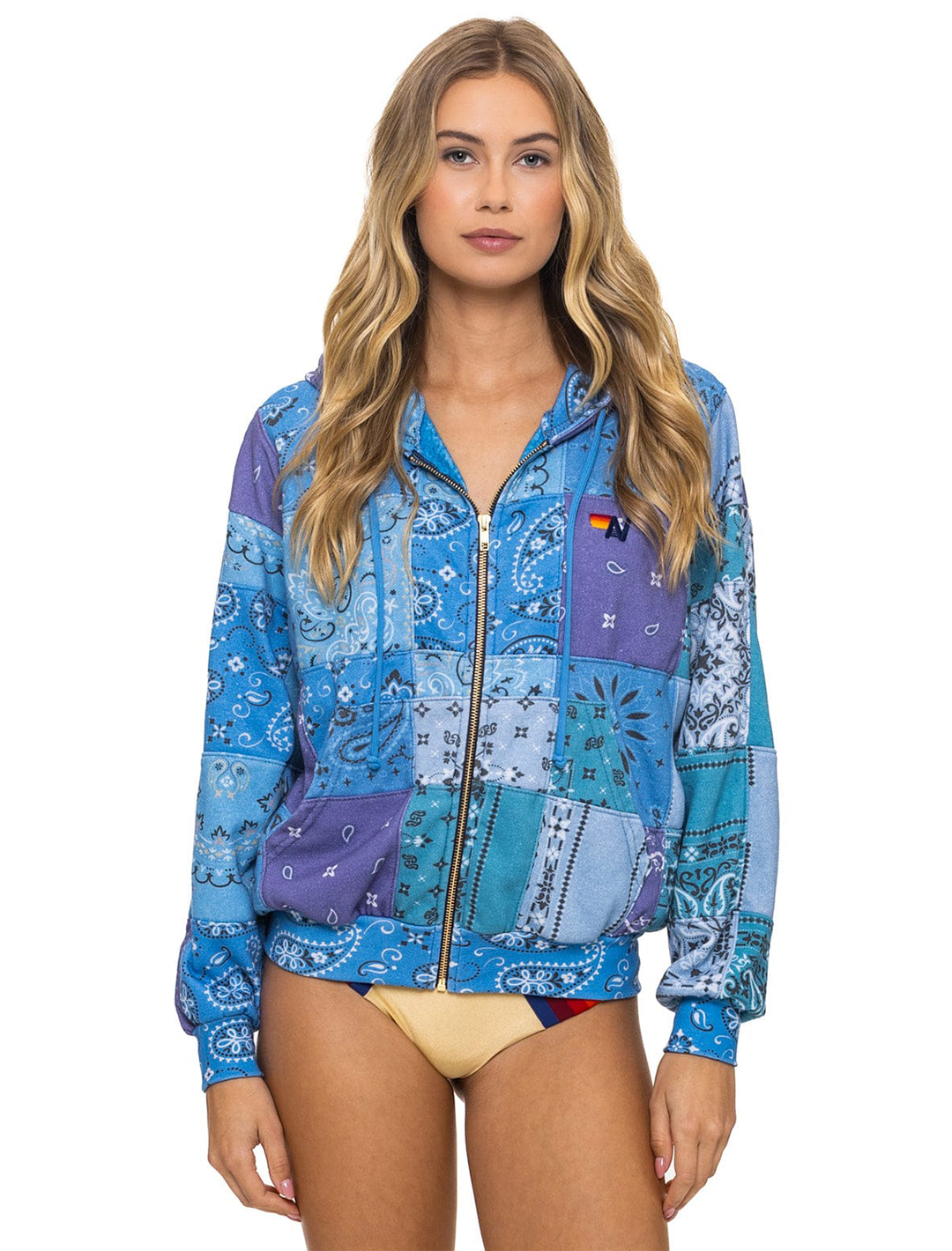 quilted bandana relaxed zip up hoodie in blue
