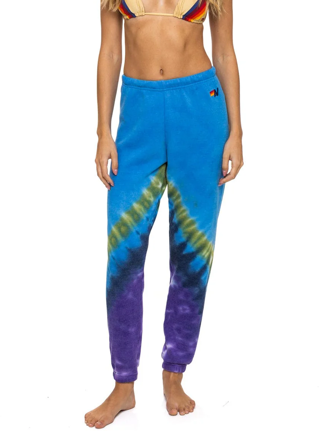 hand dyed v sweatpants in tie dye ocean and purple