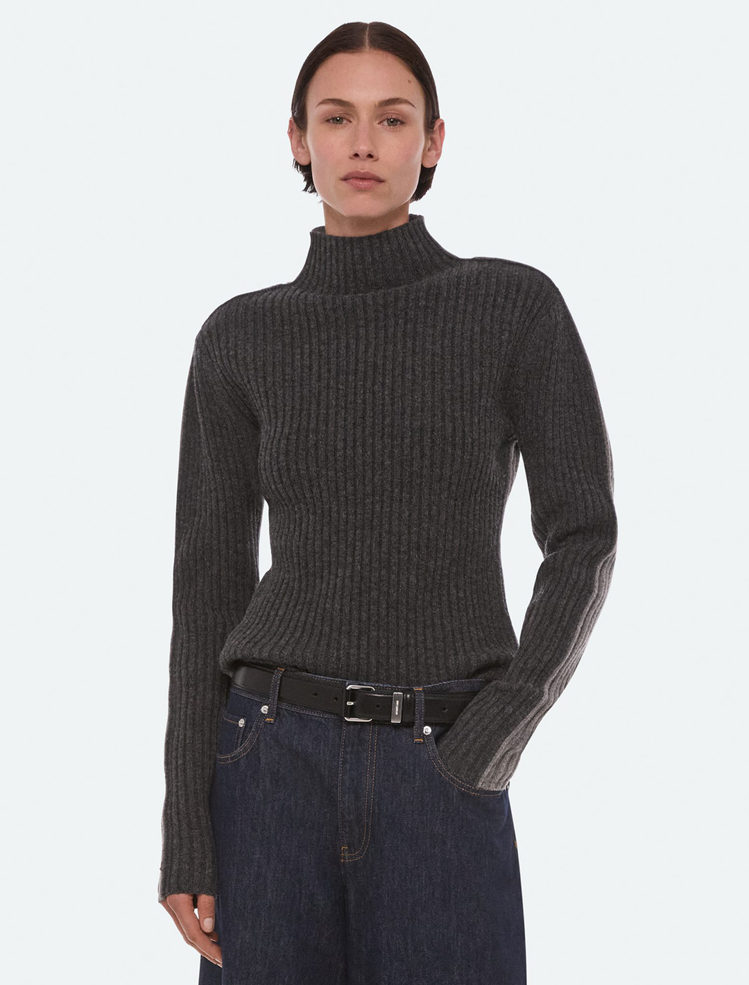 rib mock neck in grey bicolor