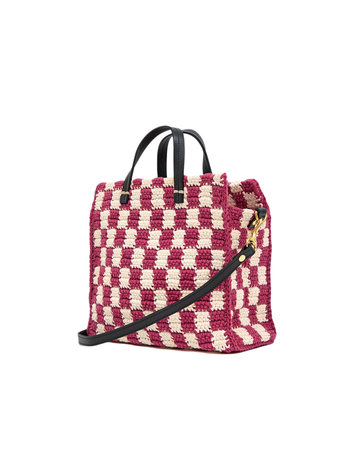 petit summer simple tote in plummy and cream checker