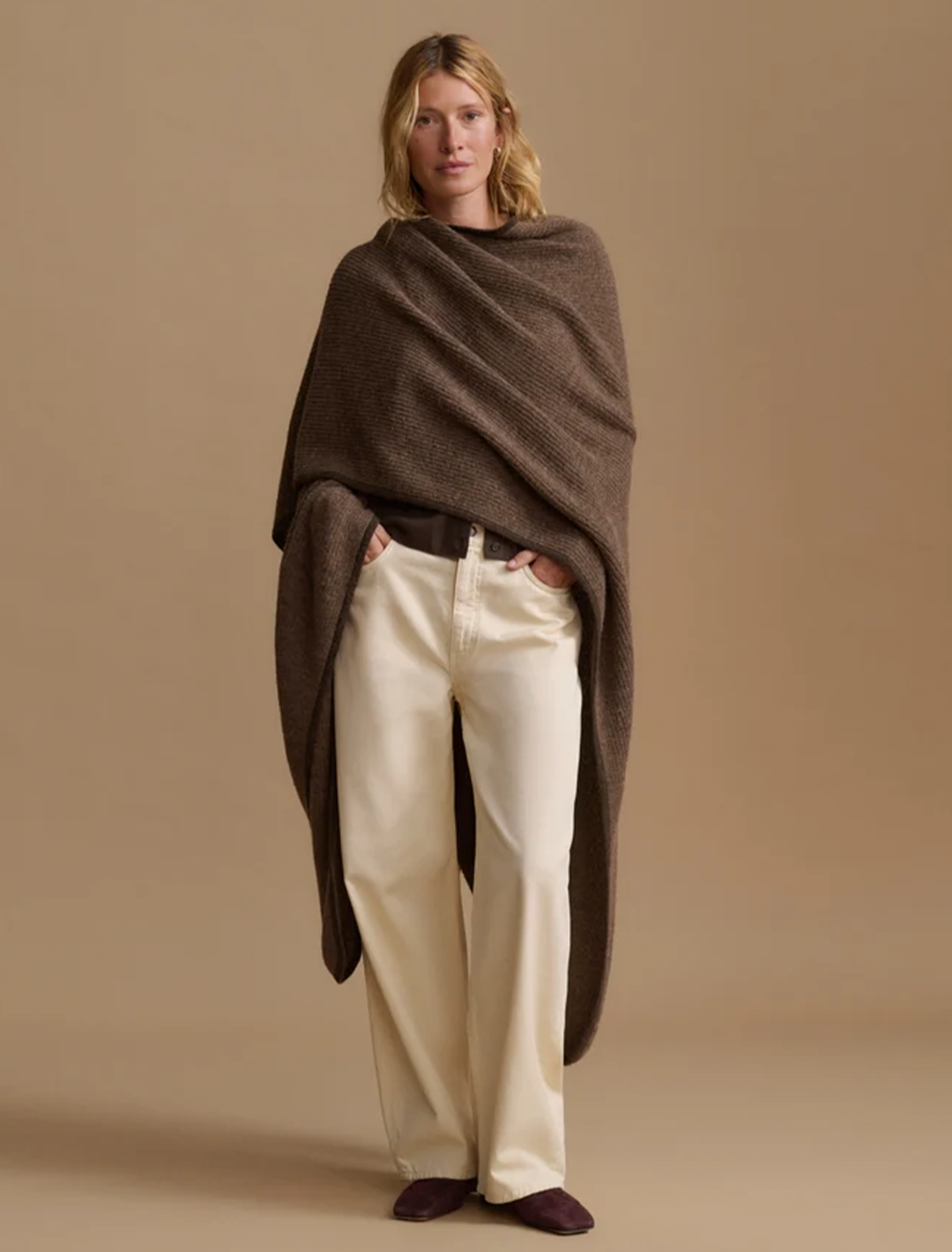 fisherman blanket shawl in brown heather