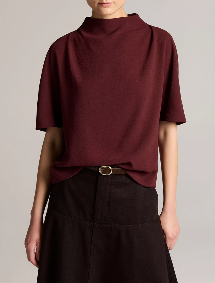 draped funnel neck top in black rose