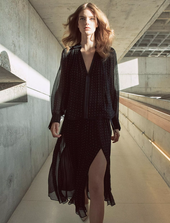 dot chiffon gathered blouse