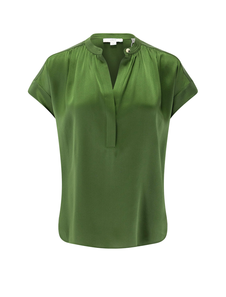 gathered neck cap sleeve blouse in herb