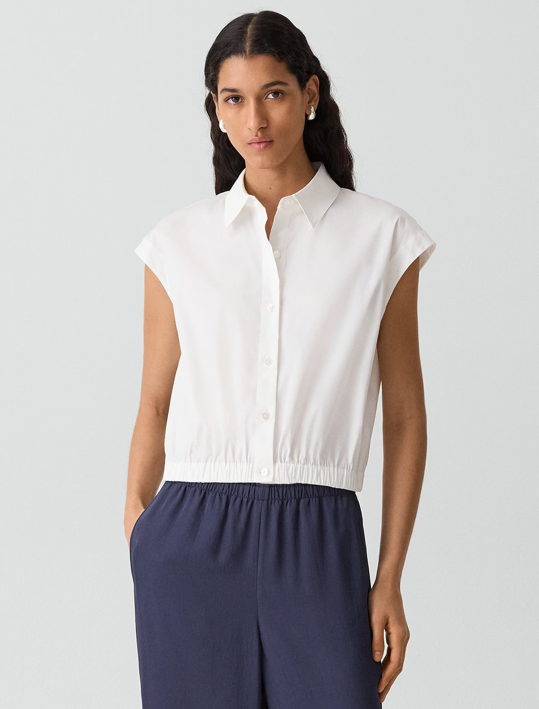 cap sleeve elastic hem shirt in white