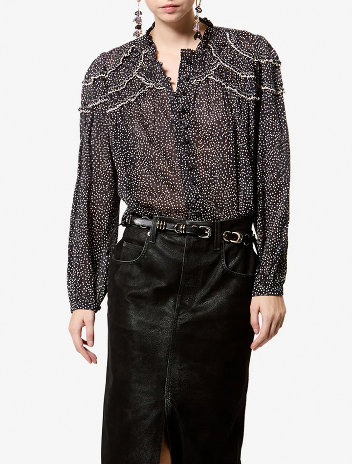 christa blouse in black and ecru dot