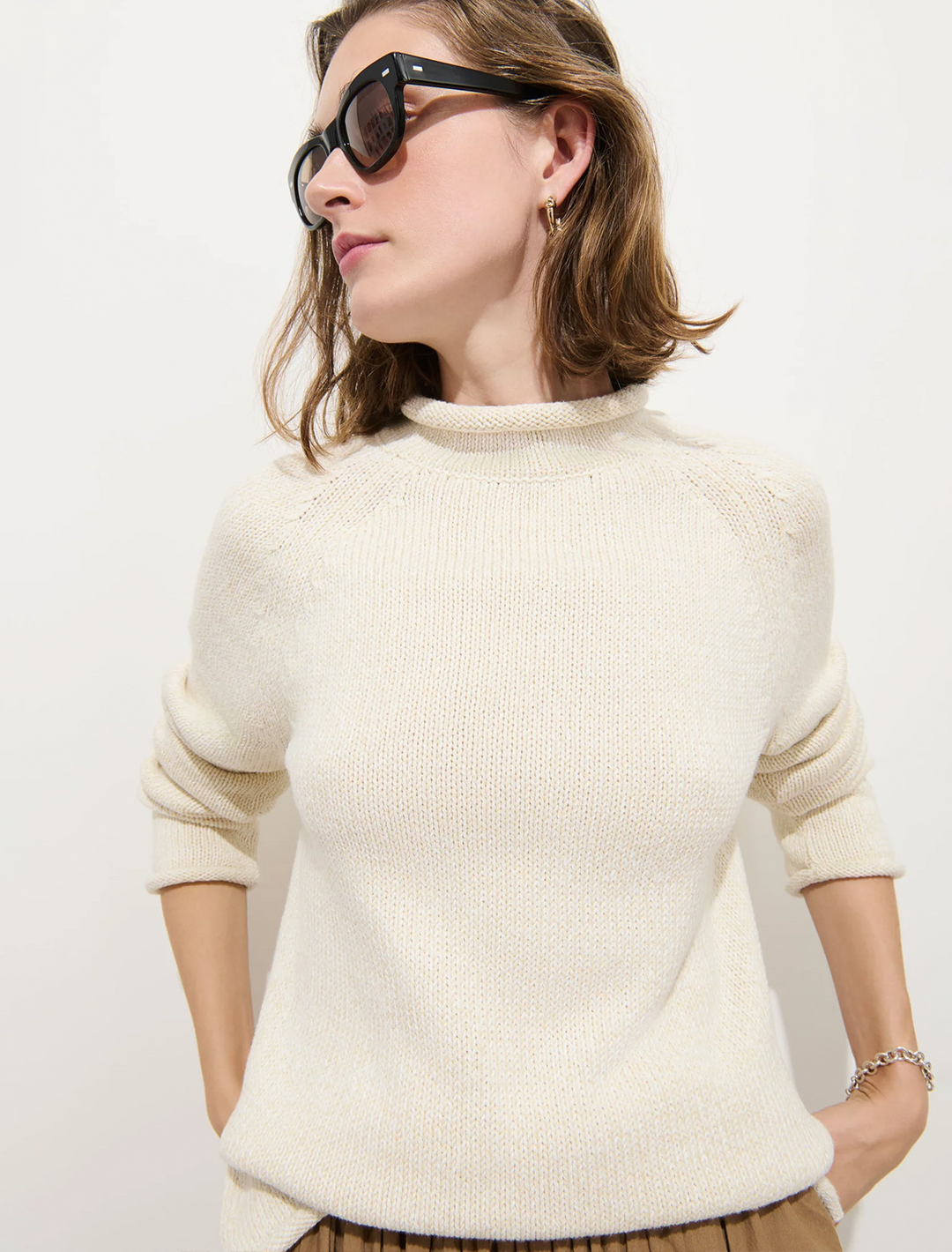eastport cotton rollneck sweater in marled ivory