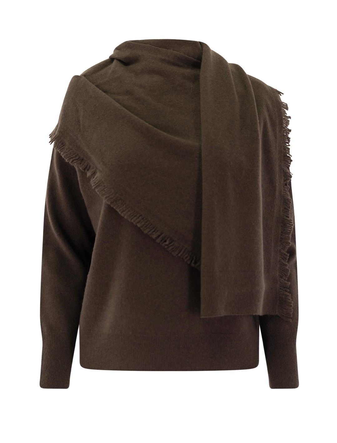 draped fringe scarf sweater in pinewood