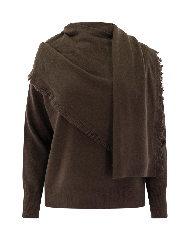draped fringe scarf sweater in pinewood