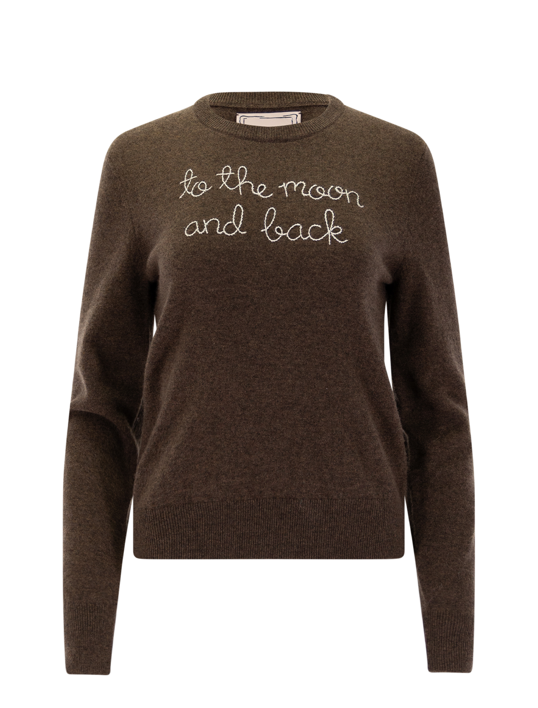 cashmere crewneck in walnut with ivory embroidery | to the moon &amp; back