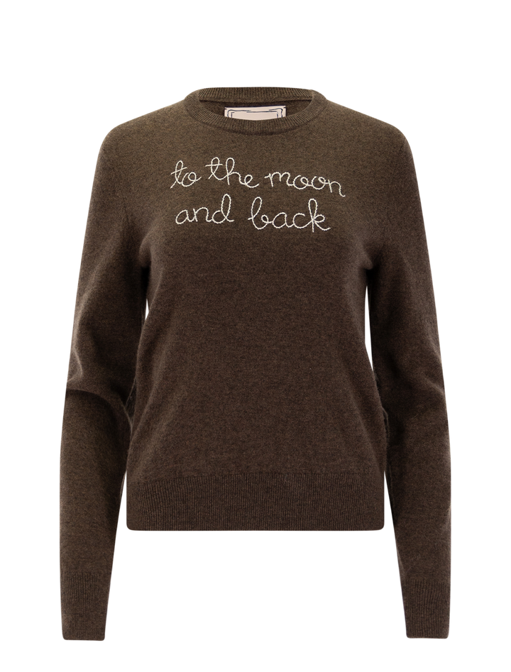 cashmere crewneck in walnut with ivory embroidery | to the moon &amp; back