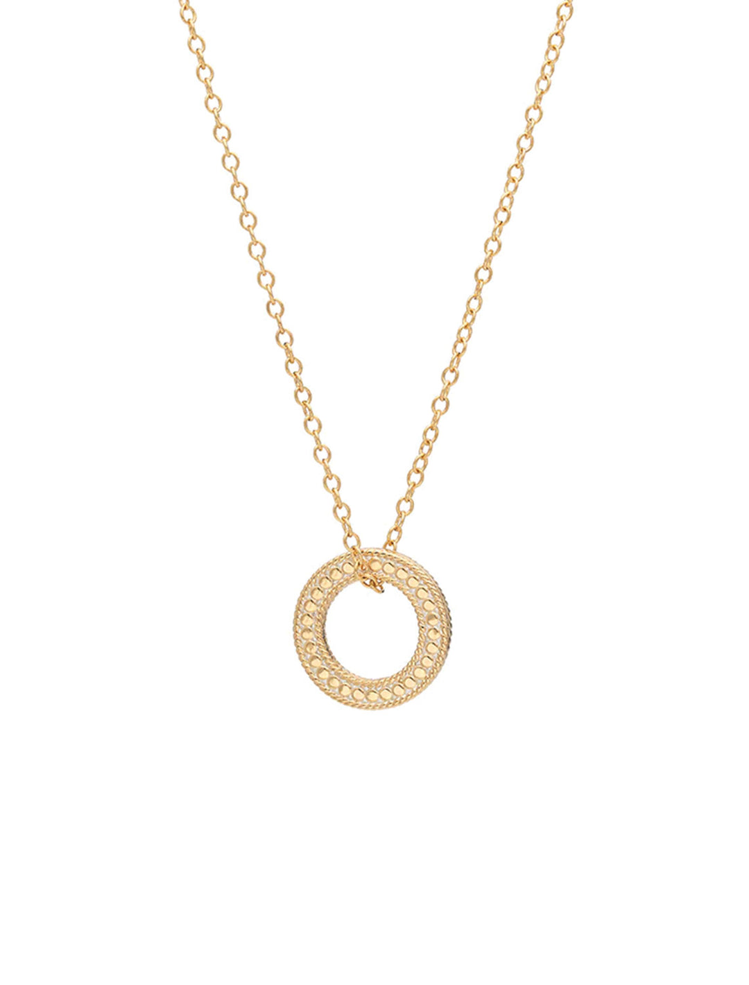 Front view of Anna Beck's circle of life necklace in gold.