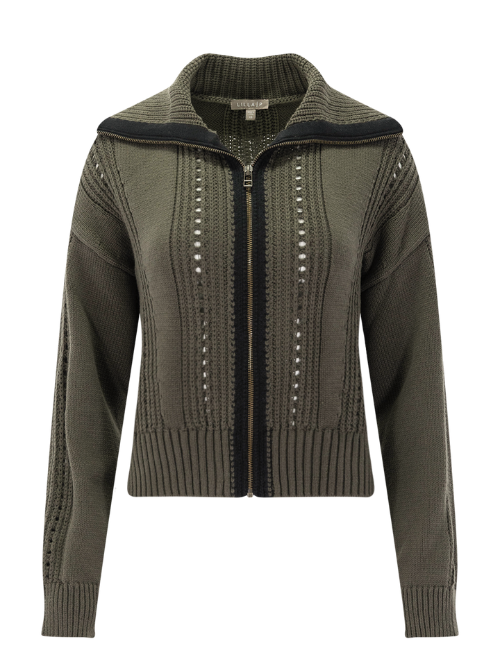 contrast collar zip cardigan in olive