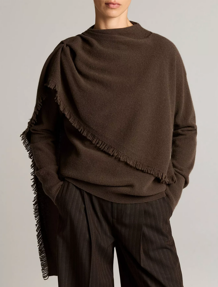draped fringe scarf sweater in pinewood