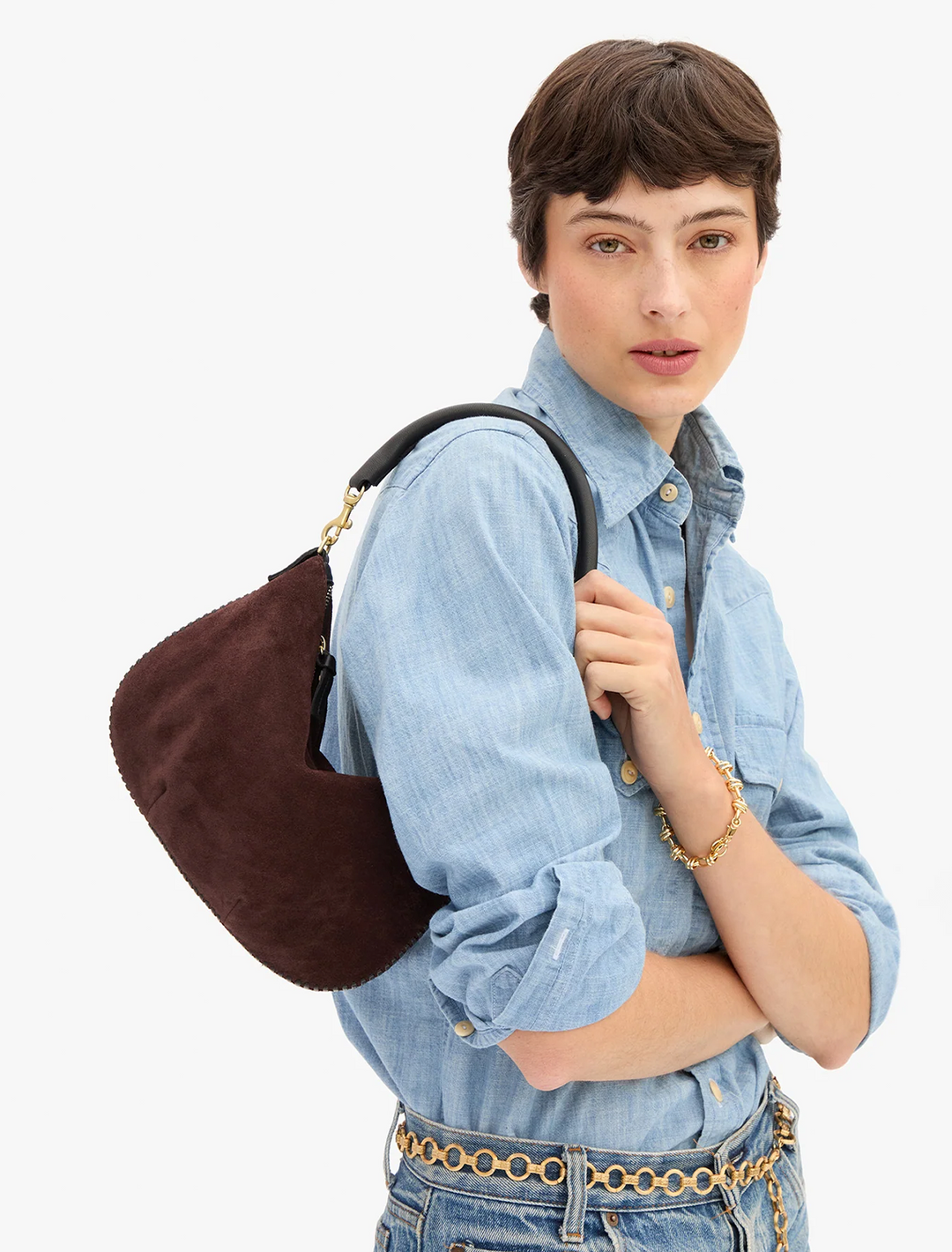 petit moyen messenger in truffle suede