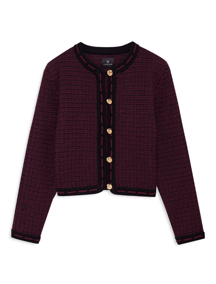 nora tweed cardigan in burgundy