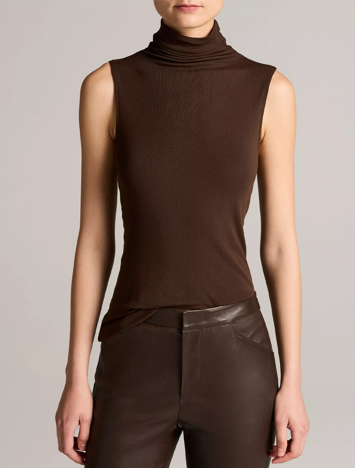 sleeveless turtleneck in smoked truffle