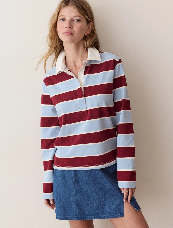 rugby polo in sky &amp; cabernet stripe