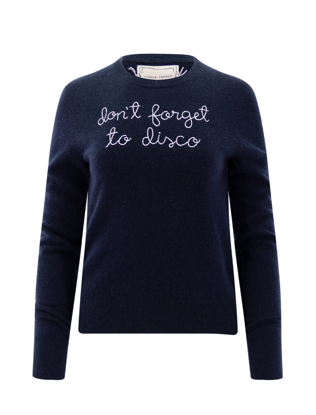 cashmere crewneck in navy with lavender embroidery | don&