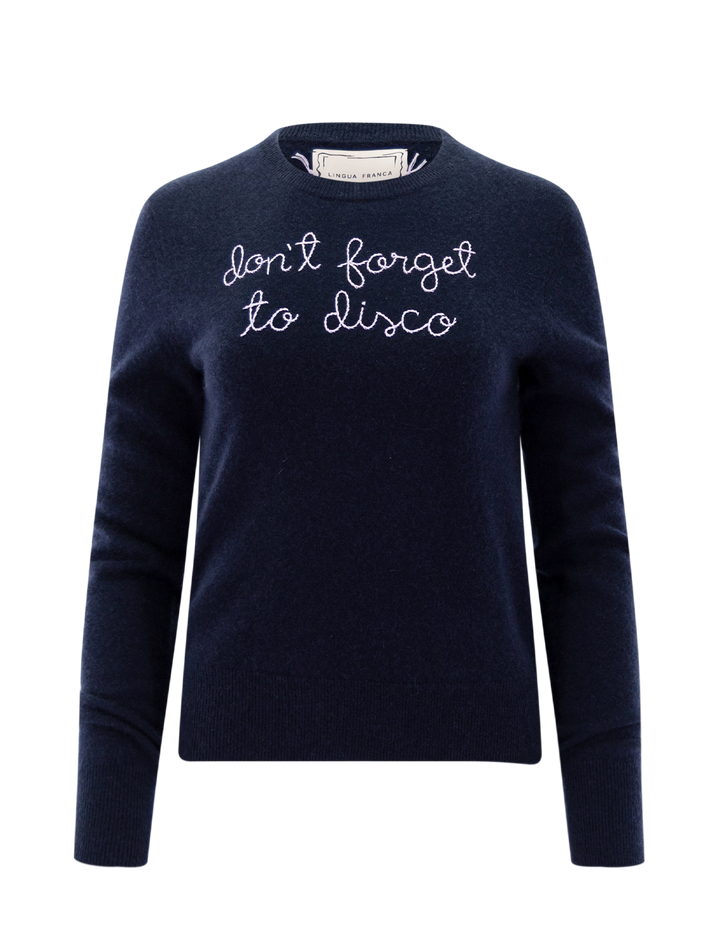 cashmere crewneck in navy with lavender embroidery | don&
